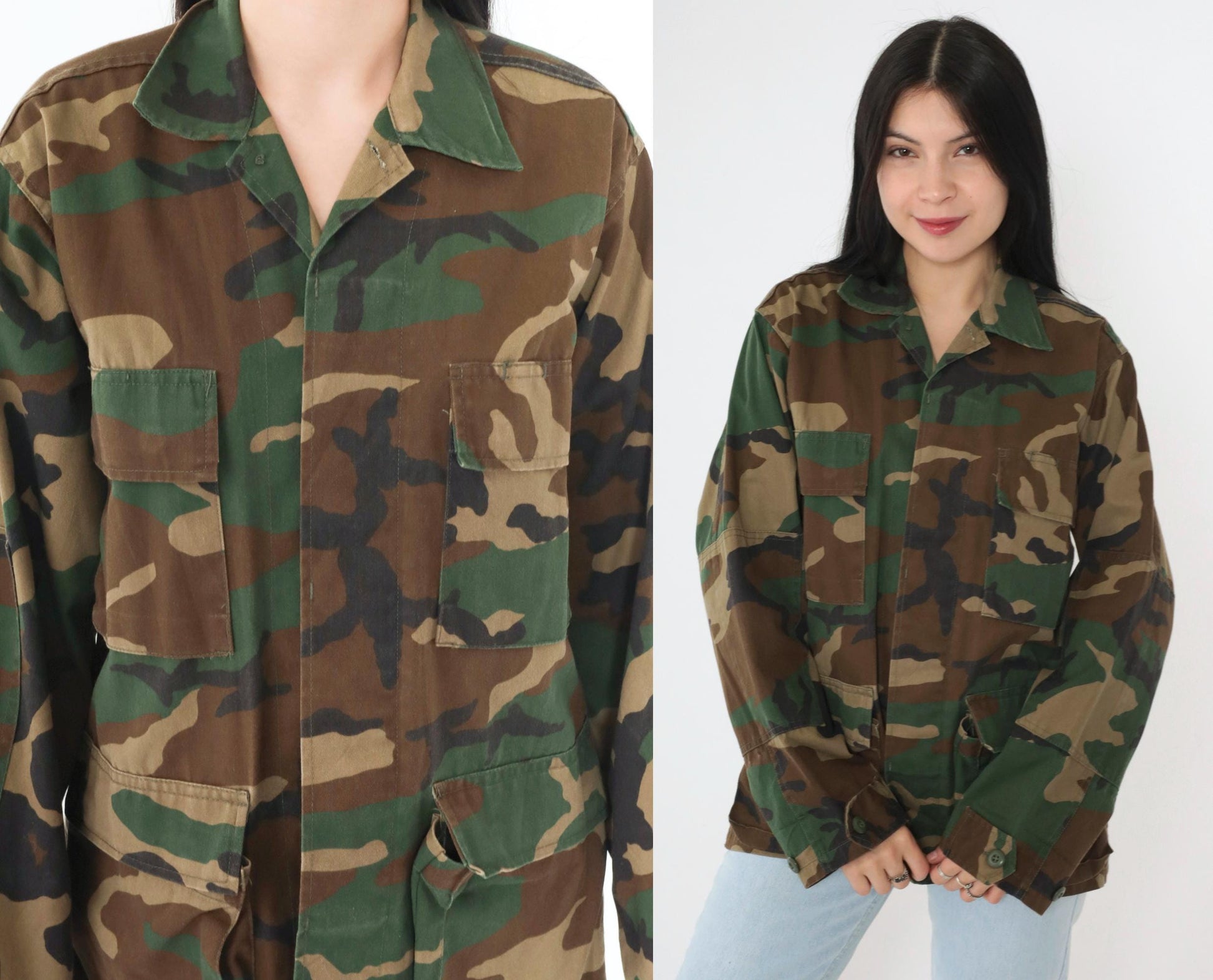 90s Woodland Camouflage Military Jacket Button Front Utility XSmall