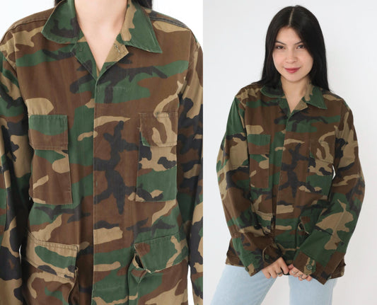 90s Woodland Camouflage Military Jacket Button Front Utility XSmall