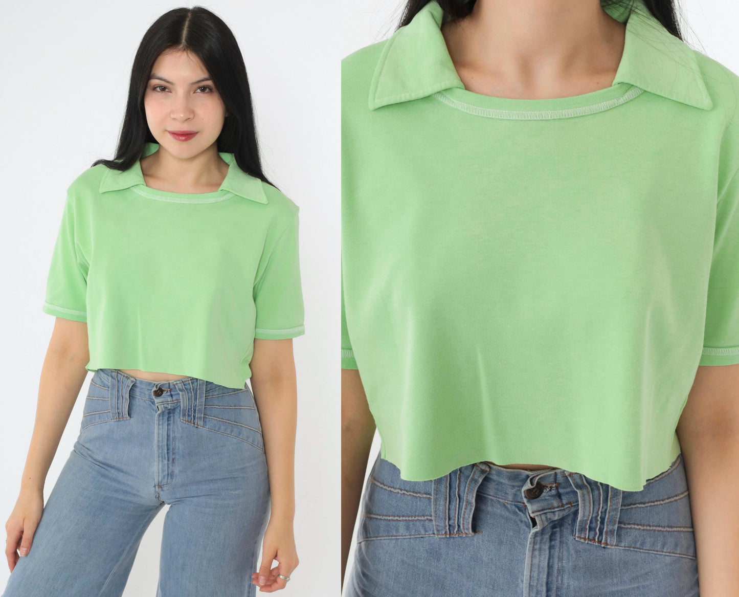 70s Mint Green Cropped Collared Blouse Short Sleeve Raw Hem Small Medium