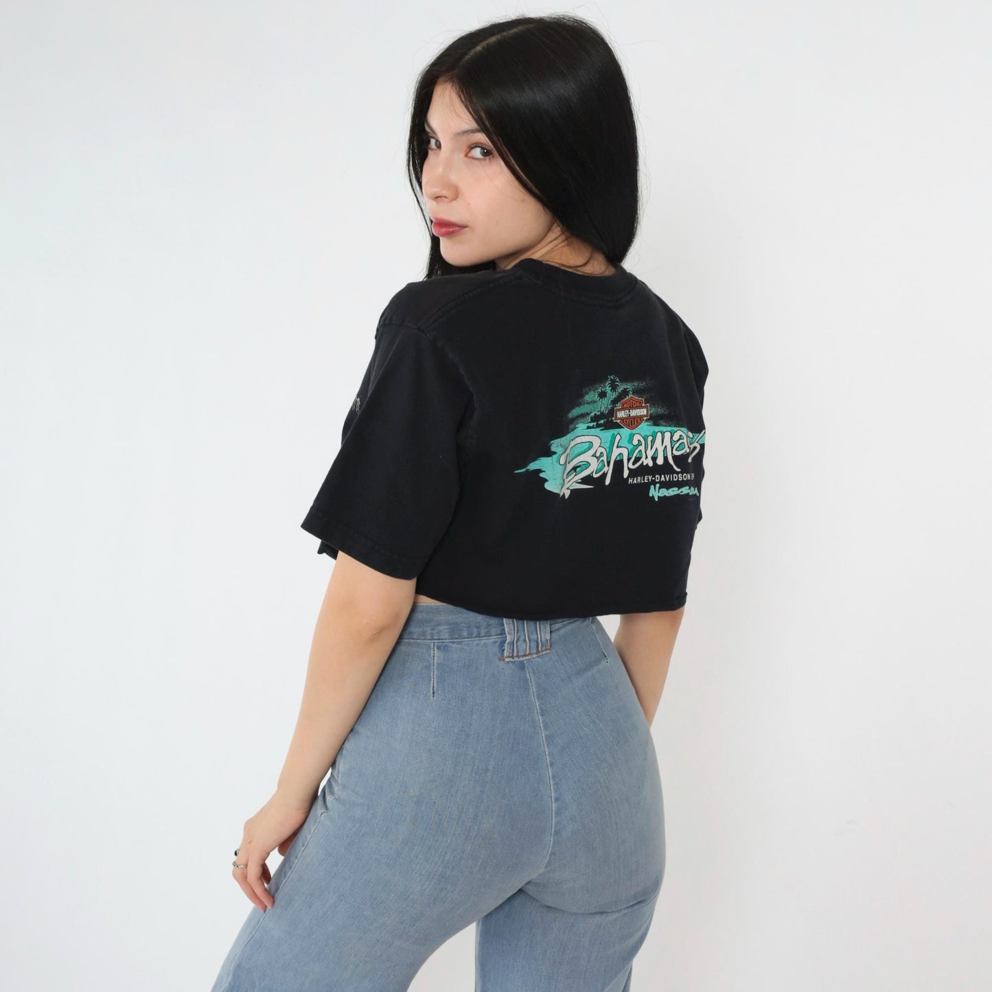 00s Harley Davidson Pirate Skull Crop Top Black Cotton Tee Medium M