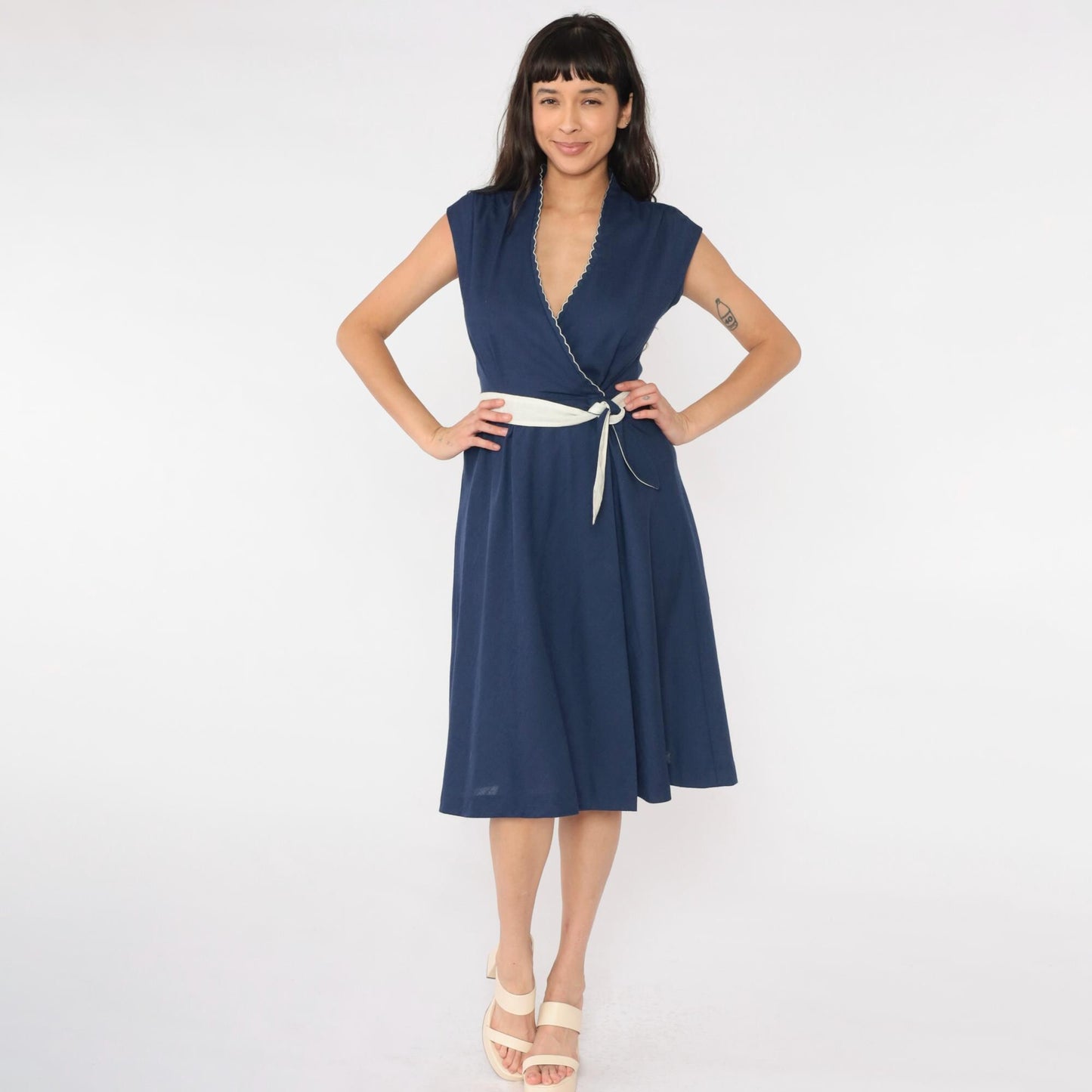 70s Jody of California Navy Wrap Dress Scalloped Neckline Midi Small