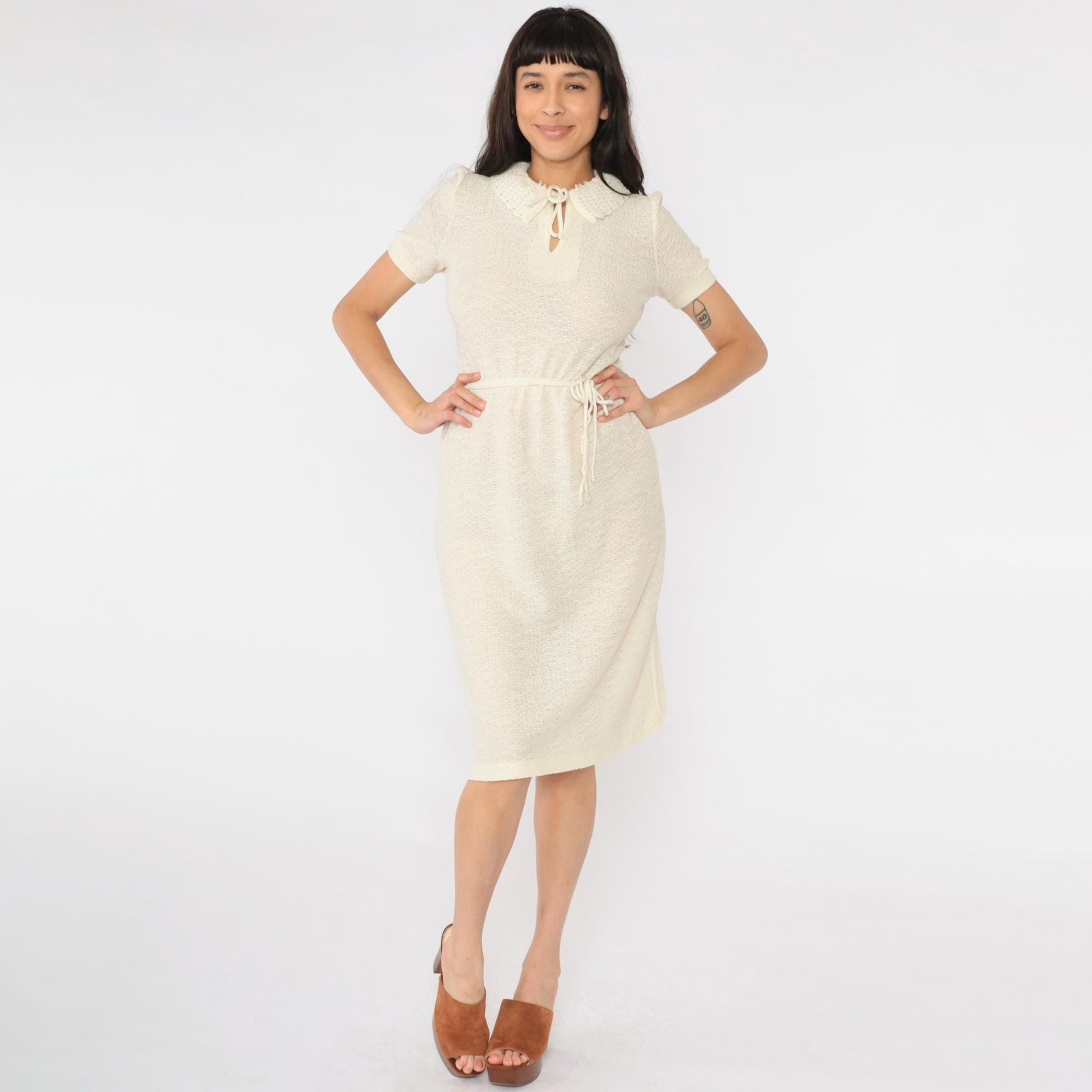 70s Sears Cream Knit Midi Dress Puff Sleeve Keyhole Neck Extra Small