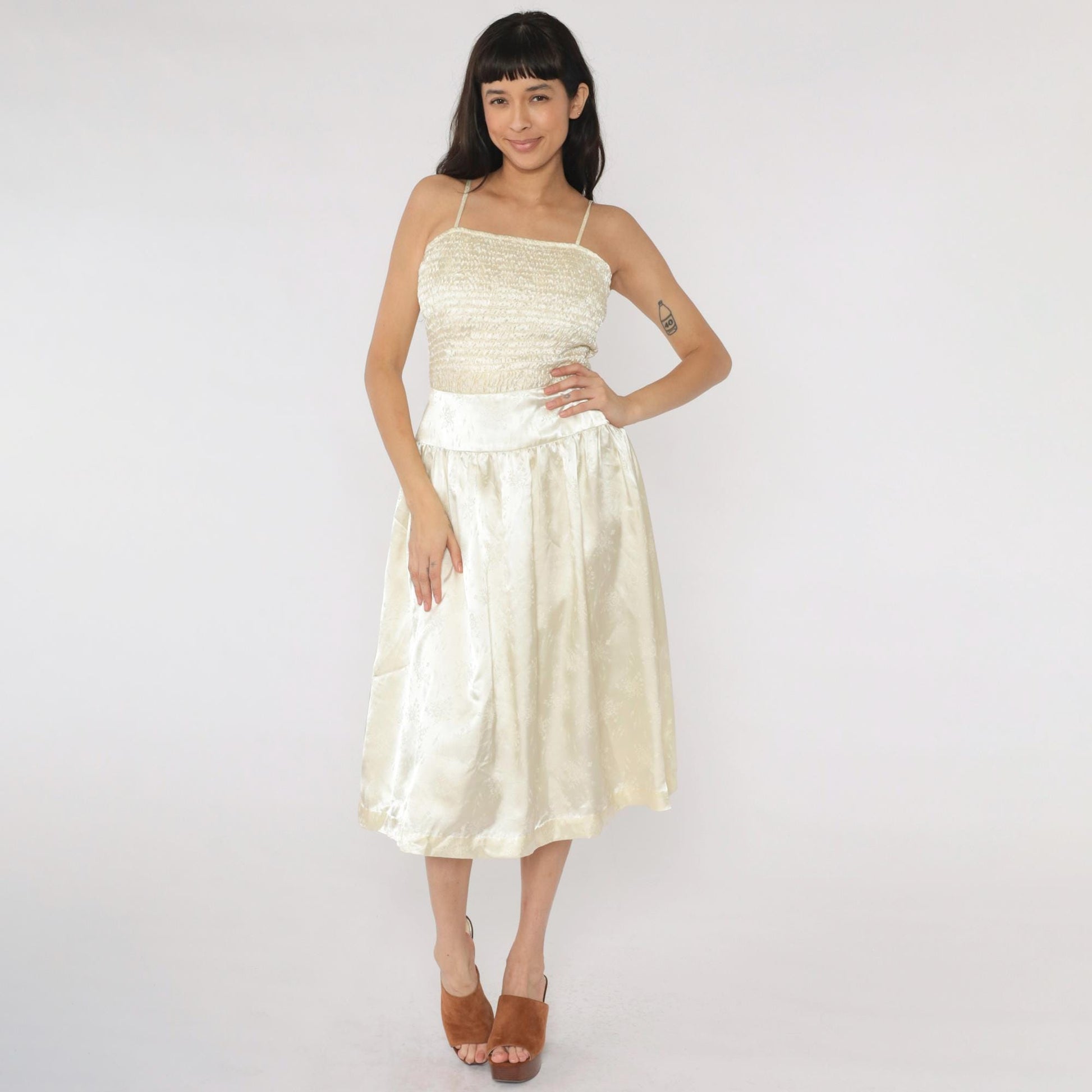 80s Ivory Satin Jacquard Midi Dress Ruched Bodice Spaghetti Strap Small
