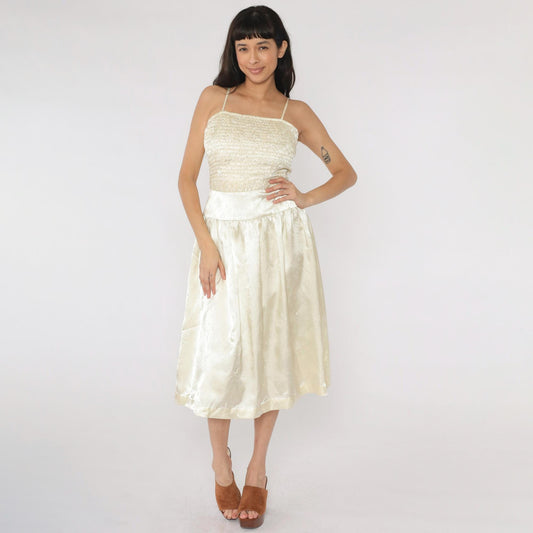80s Ivory Satin Jacquard Midi Dress Ruched Bodice Spaghetti Strap Small
