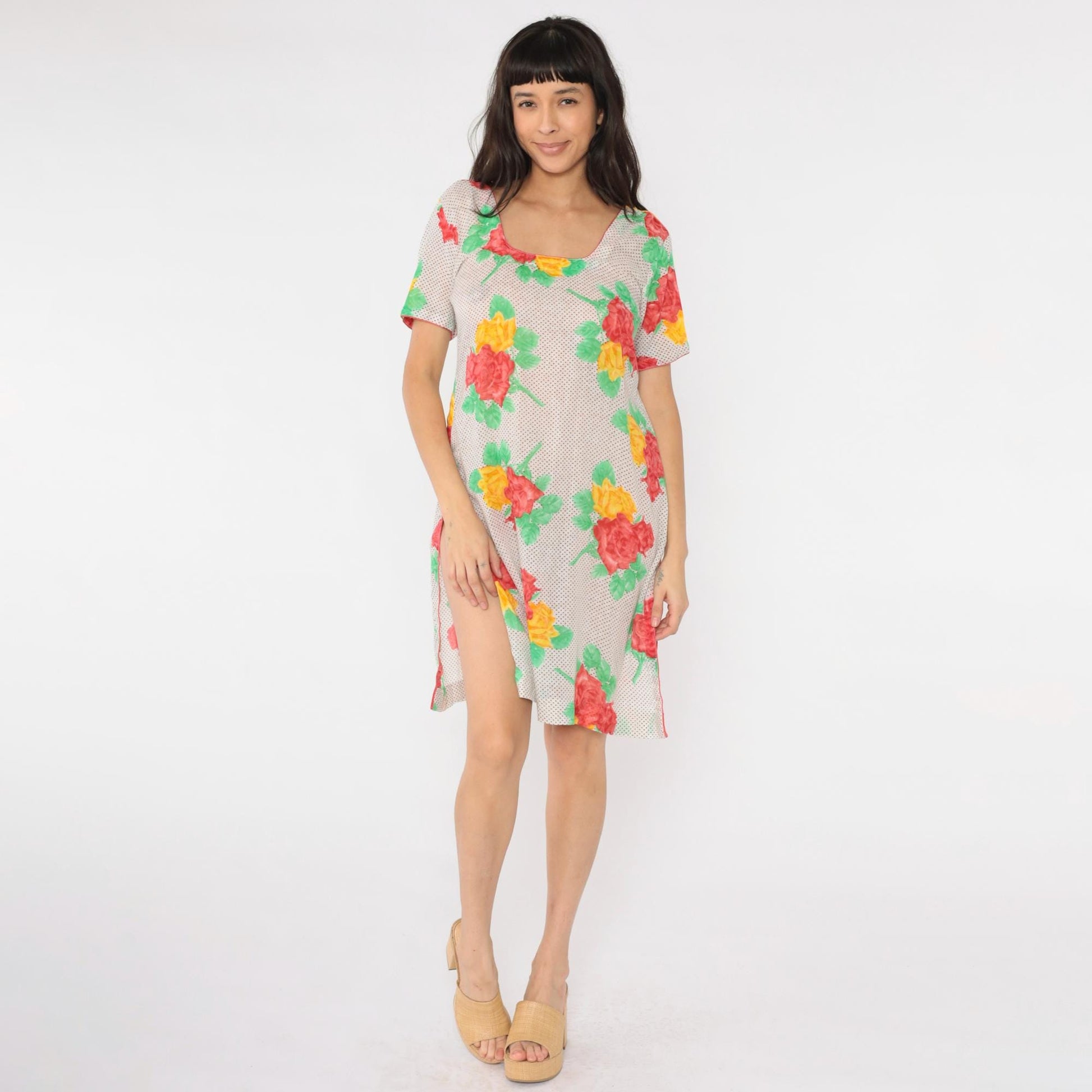 Y2K Polka Dot Floral Mini Dress Short Sleeve Shift Red Yellow Medium
