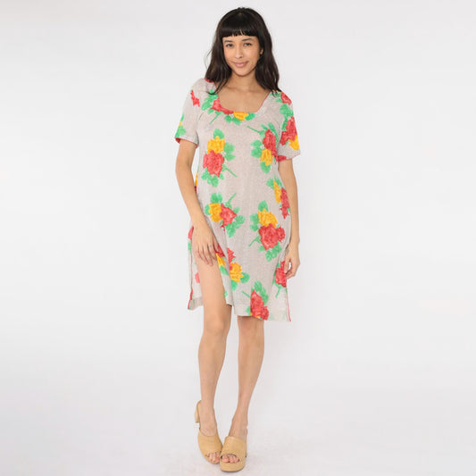 Y2K Polka Dot Floral Mini Dress Short Sleeve Shift Red Yellow Medium
