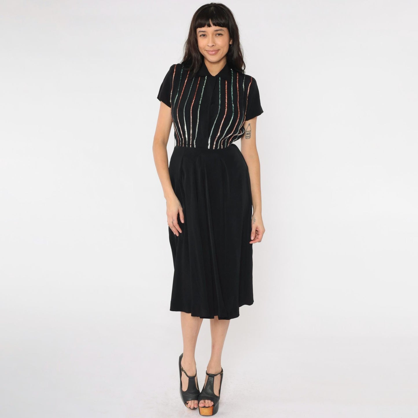 1950s Black Sequin Stripe Party Dress Midi Pleated Skirt Small S