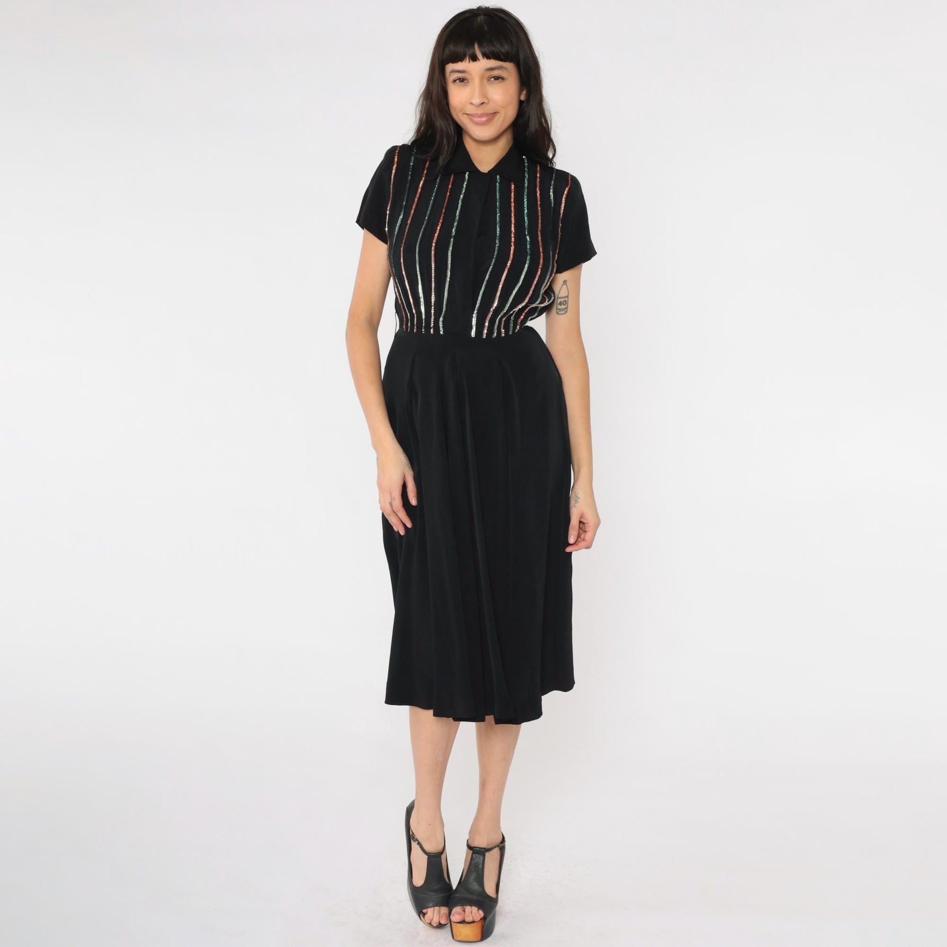 1950s Black Sequin Stripe Party Dress Midi Pleated Skirt Small S
