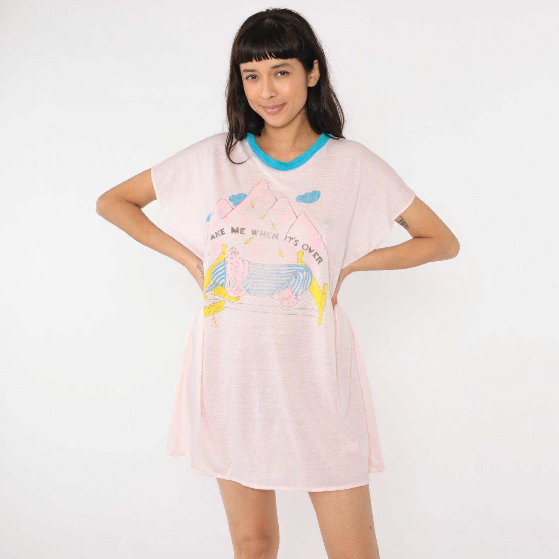 80s Teddy Bear Pajama Dress Wake Me When It's Over Ringer Nightgown Pink Small