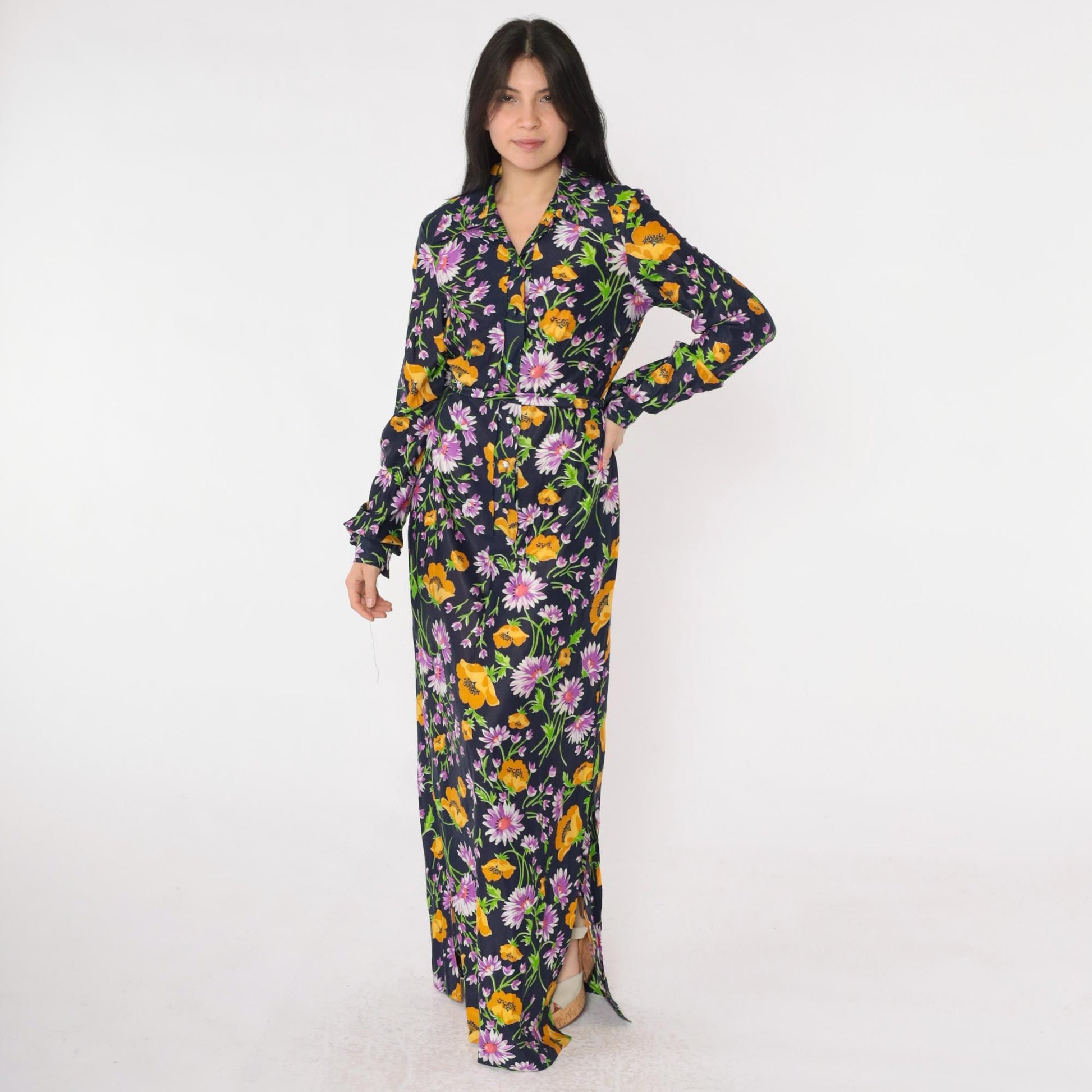 70s Lane Bryant Navy Floral Maxi Shirt Dress Dagger Collar Belt Small