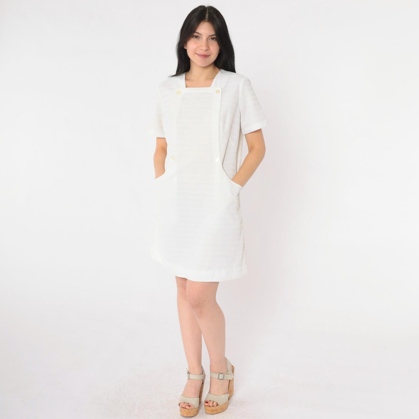 60s White Nurse Shift Dress Mini Button-Front Short Sleeve Small