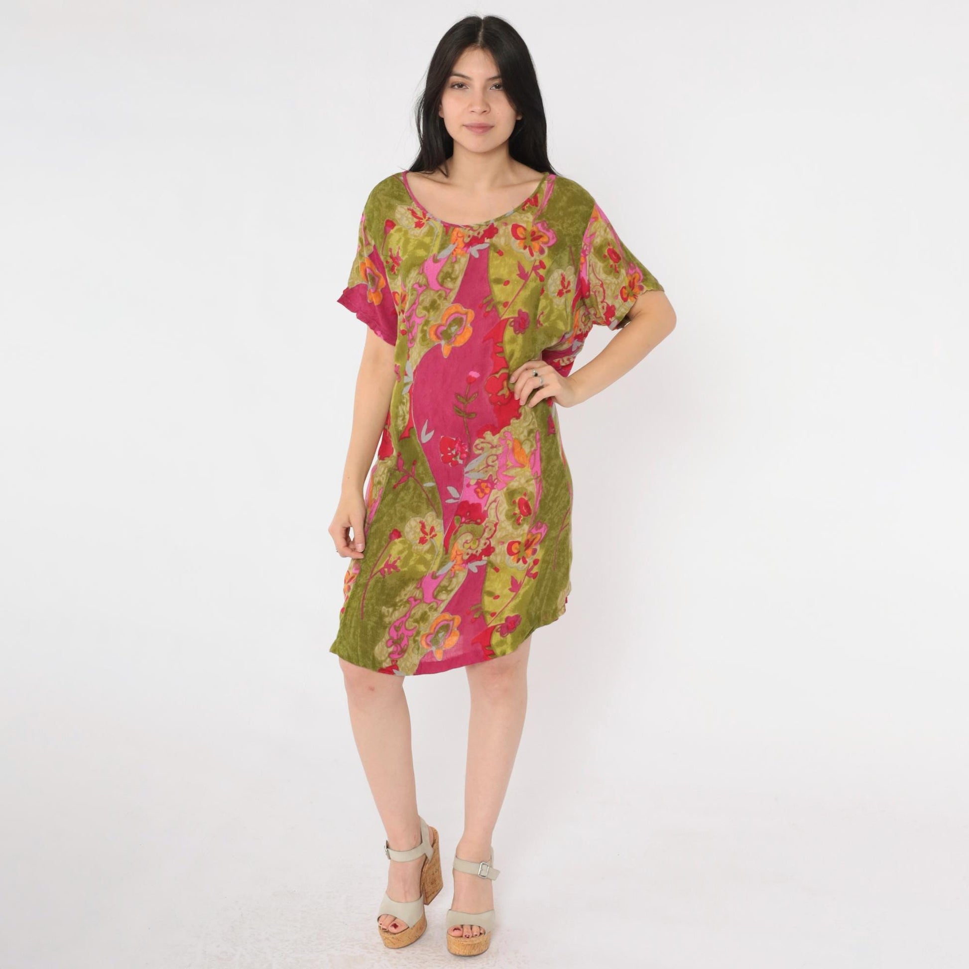 90s Lolette Floral Mini Dress Olive Fuchsia Shift Tie Back Extra Large XXL