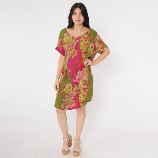 90s Lolette Floral Mini Dress Olive Fuchsia Shift Tie Back Extra Large XXL