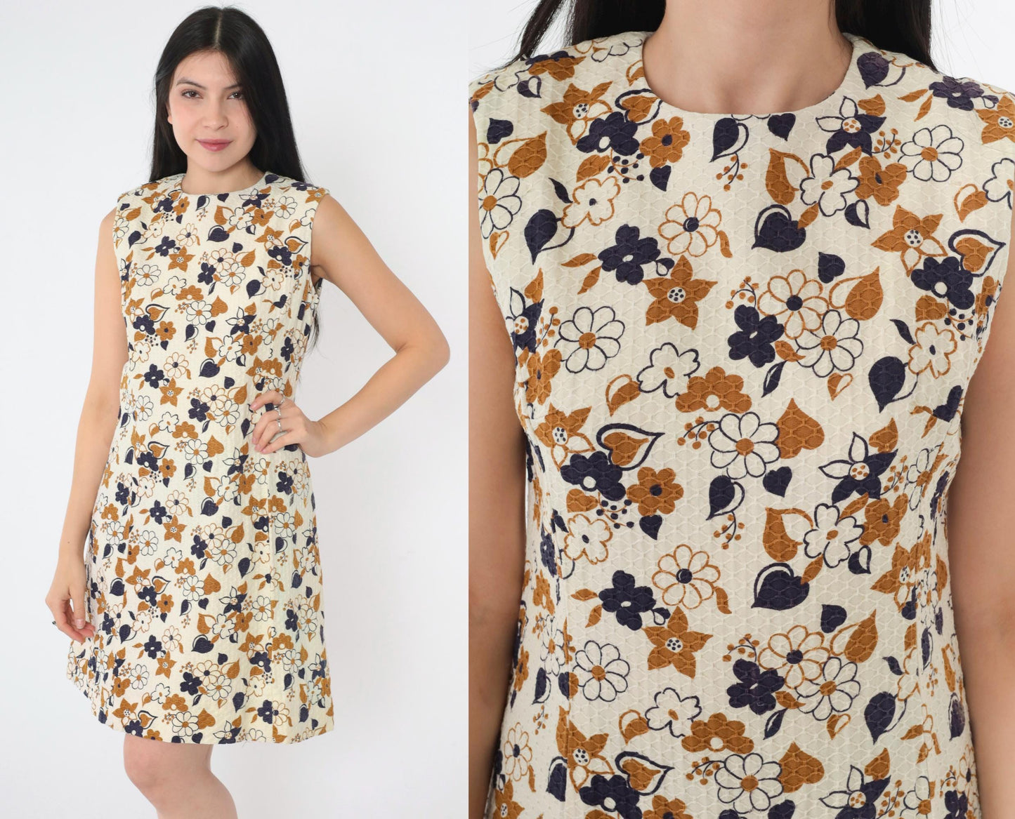 60s Mod Floral Mini Shift Dress Cream Blue Brown Honeycomb Small S