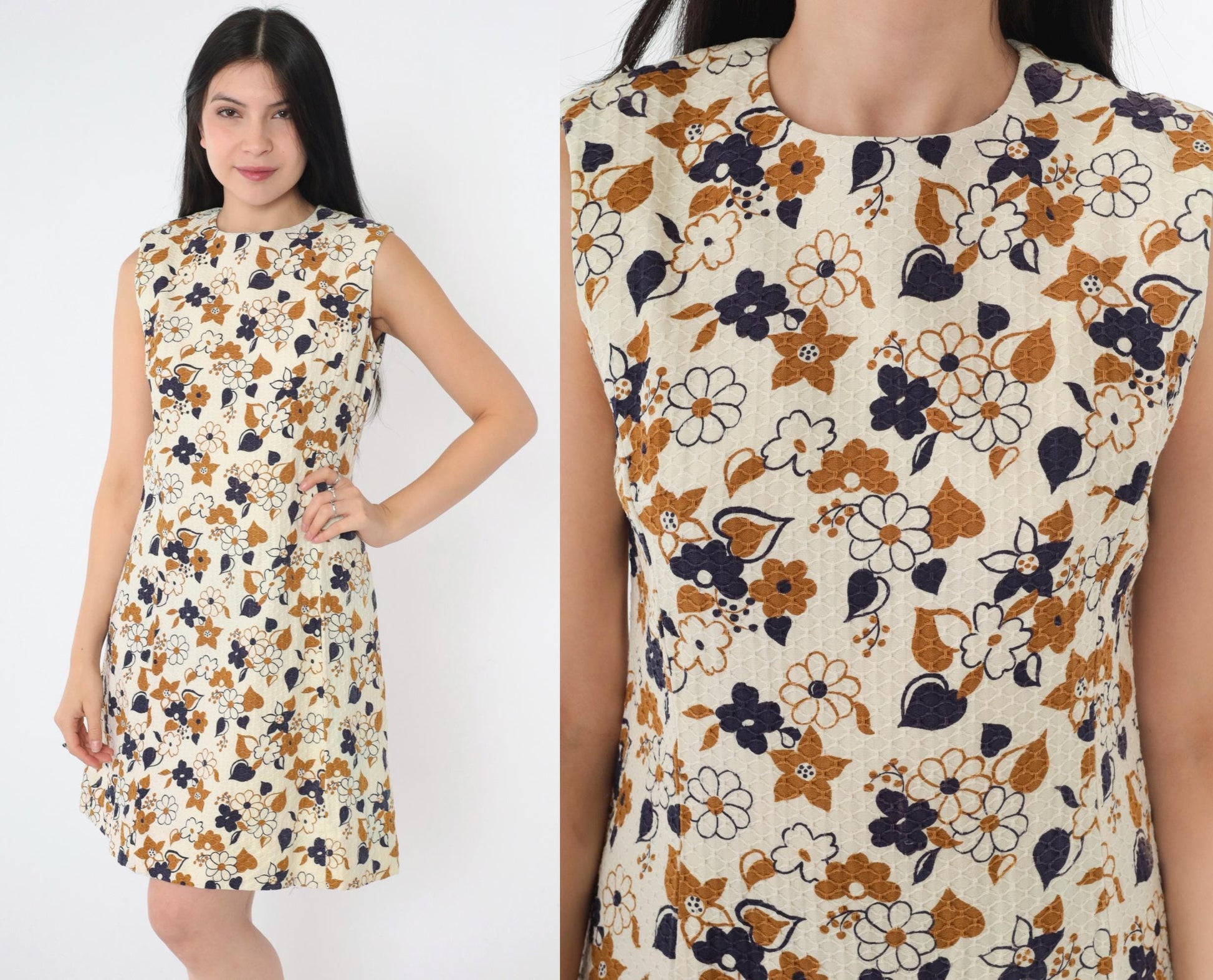 60s Mod Floral Mini Shift Dress Cream Blue Brown Honeycomb Small S