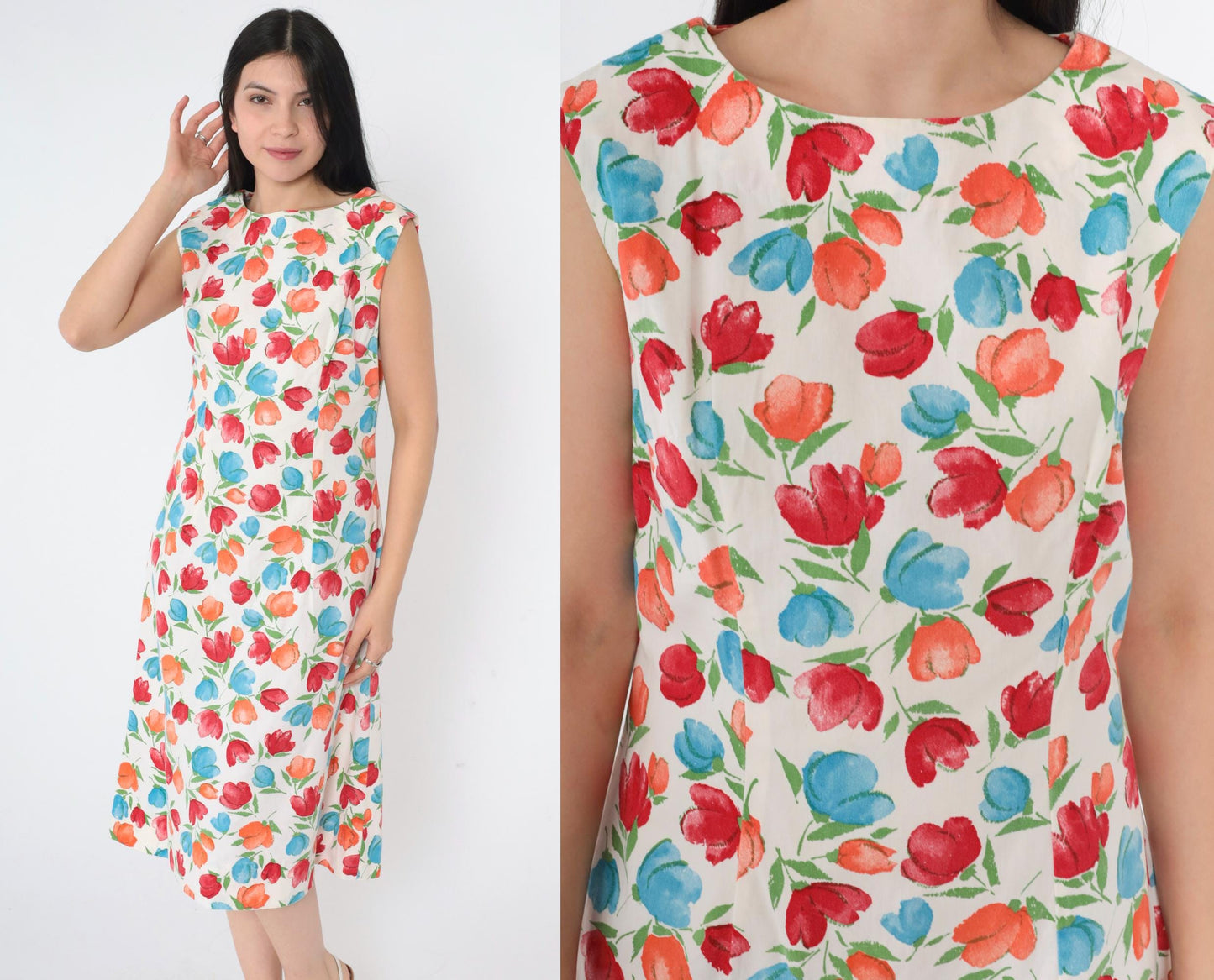 80s White Floral A-Line Dress Sleeveless Knee-Length Shift Small Medium