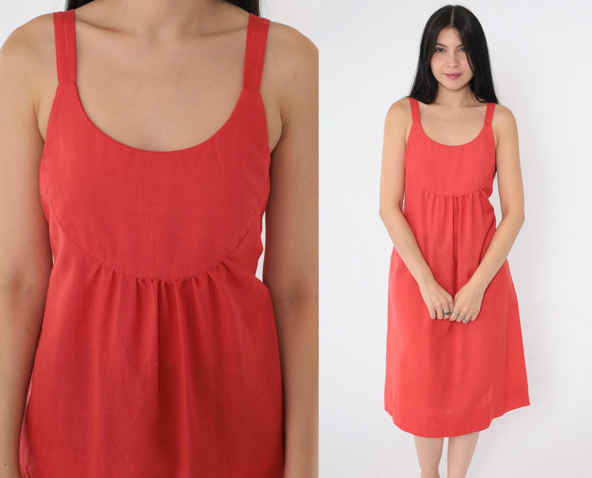 70s Red Empire Waist Sundress Tank Strap Scoop Neck Pockets Small
