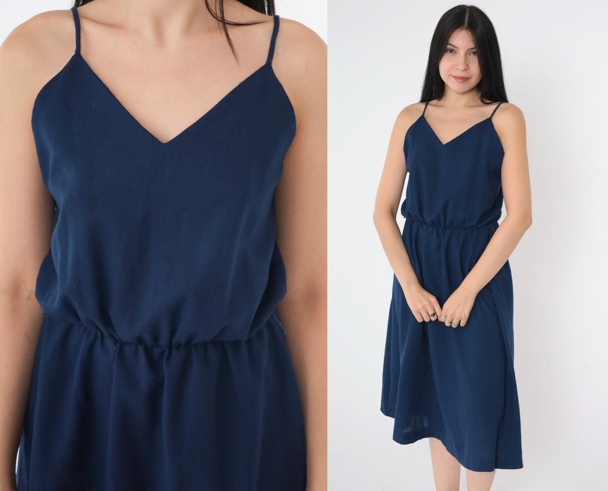70s Navy Midi Sundress V-Neck Spaghetti Strap High Waist Small