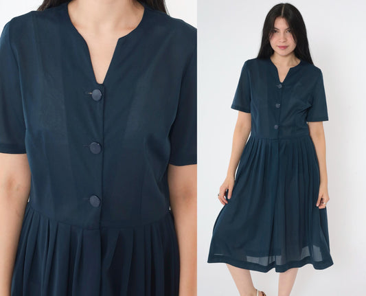60s Navy Shirtdress Pleated Midi Button-Up High Waist Small