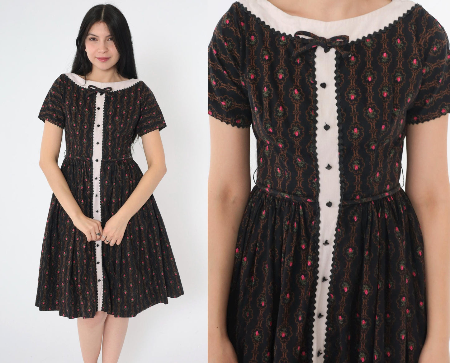 1950s Black Floral Cotton Fit-and-Flare Dress Boat Neck Ric-Rac Trim Extra Small