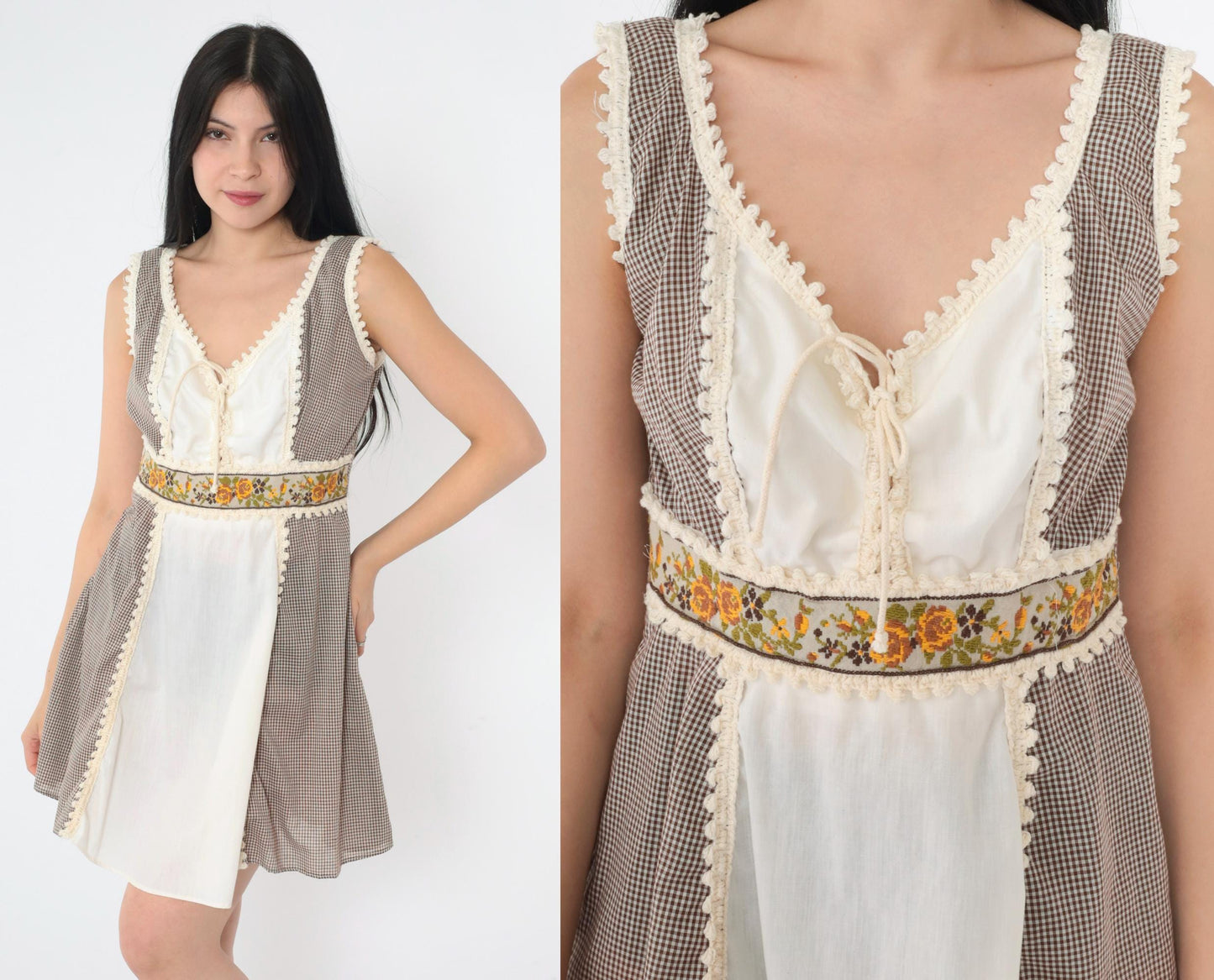 70s Brown Gingham Mini Dress White Panel Crochet Lace Empire Waist Small