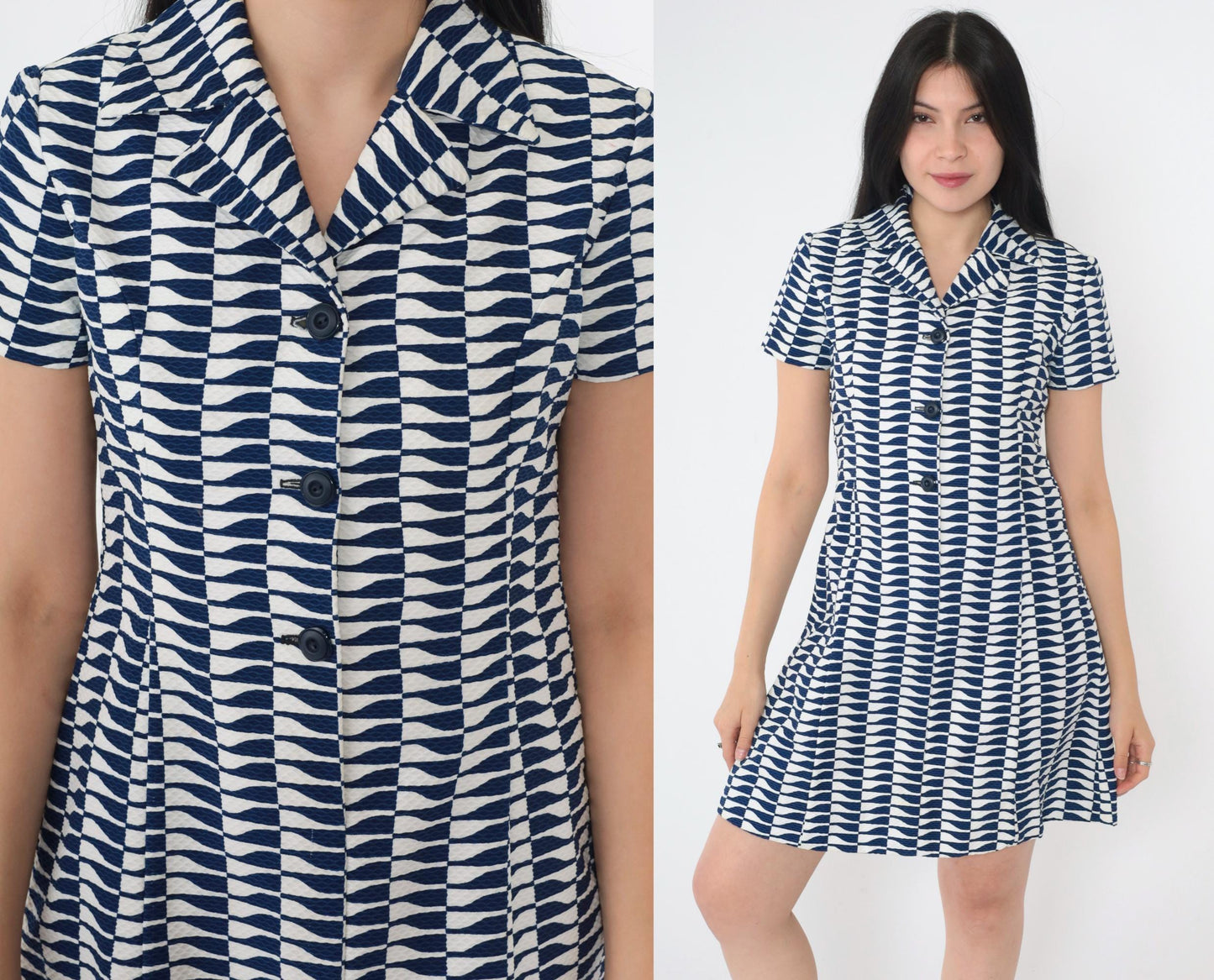 60s Mod Mini Dress Op Art Print A-Line Button Up Navy White Small