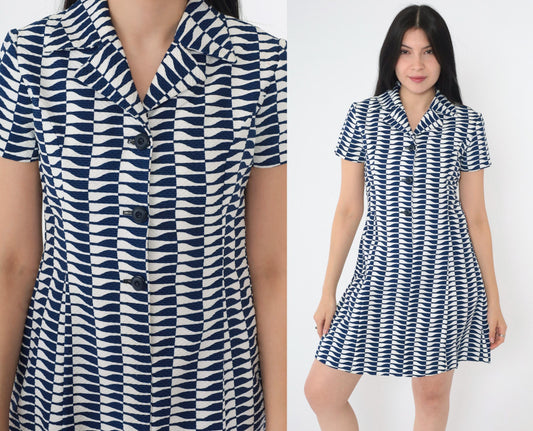 60s Mod Mini Dress Op Art Print A-Line Button Up Navy White Small