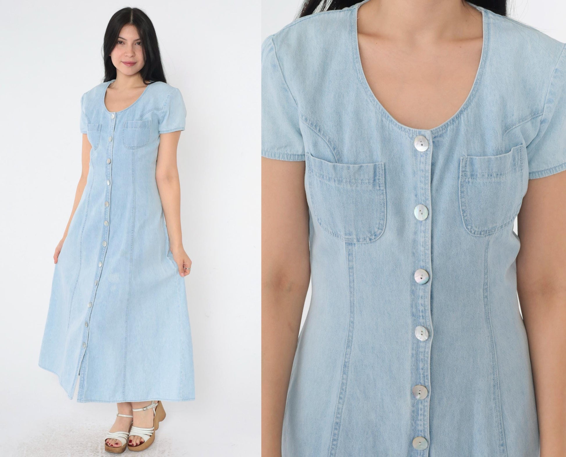 90s Blue Denim Shirtdress Ankle Length Button Up Short Sleeve Small S