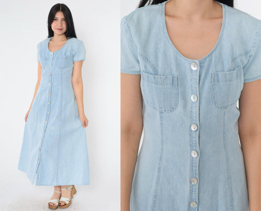 90s Blue Denim Shirtdress Ankle Length Button Up Short Sleeve Small S