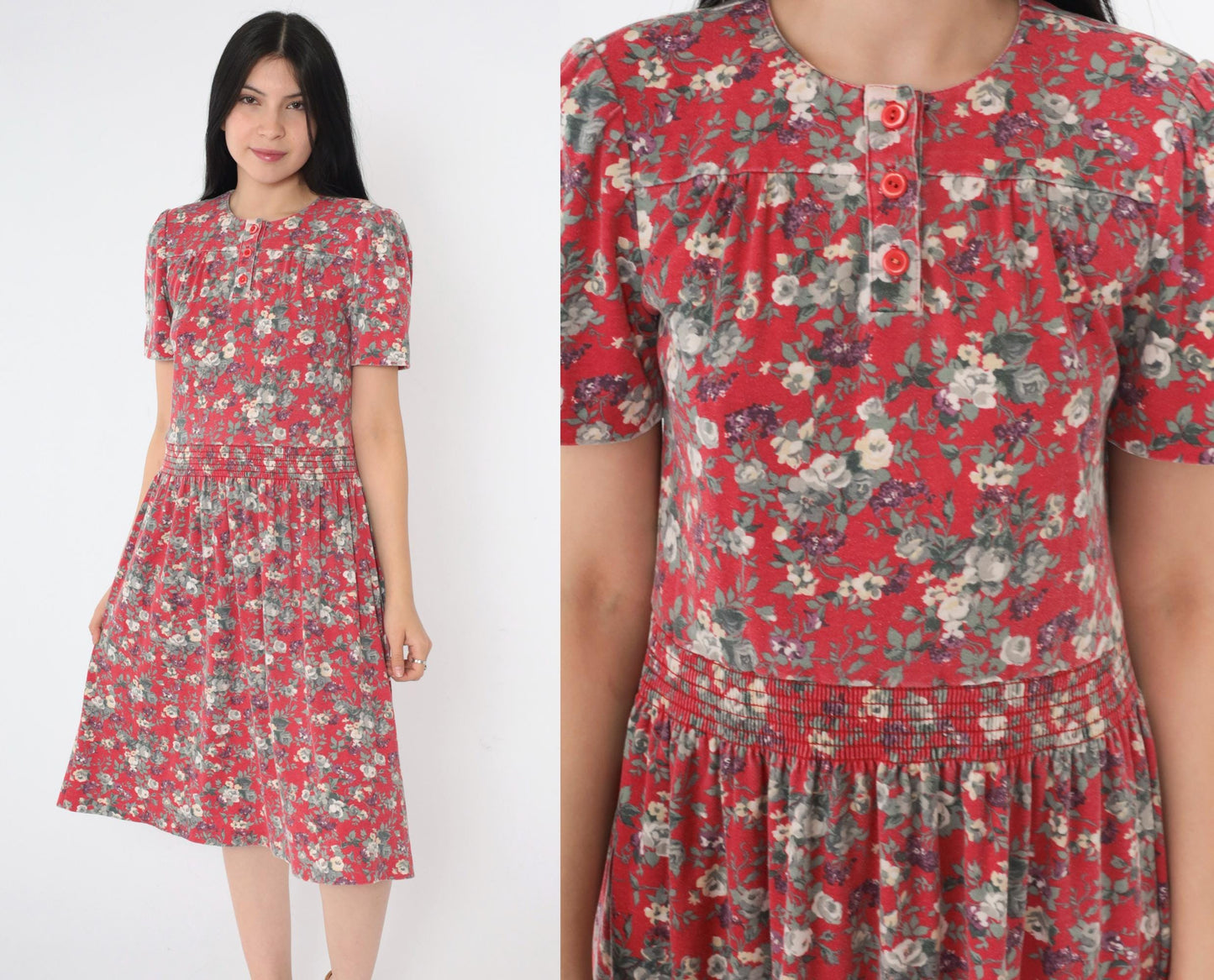 80s Red Floral Midi Dress Puff Sleeve Smocked Waist Extra Small