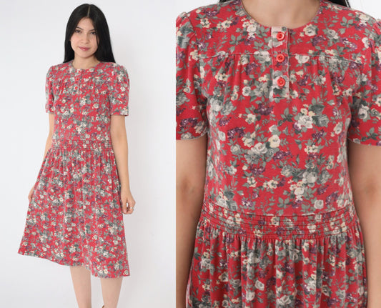 80s Red Floral Midi Dress Puff Sleeve Smocked Waist Extra Small