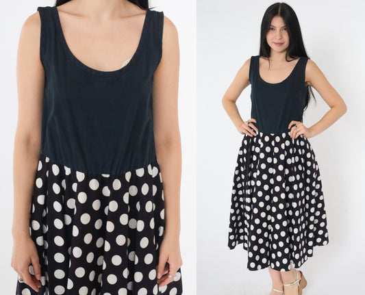 80s Black Polka Dot Midi Dress Sleeveless High Waist Scoop Neck Small