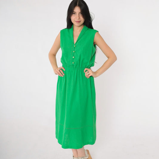 80s Green Linen Midi Dress Collared Button-Up Eyelet Cutwork Small