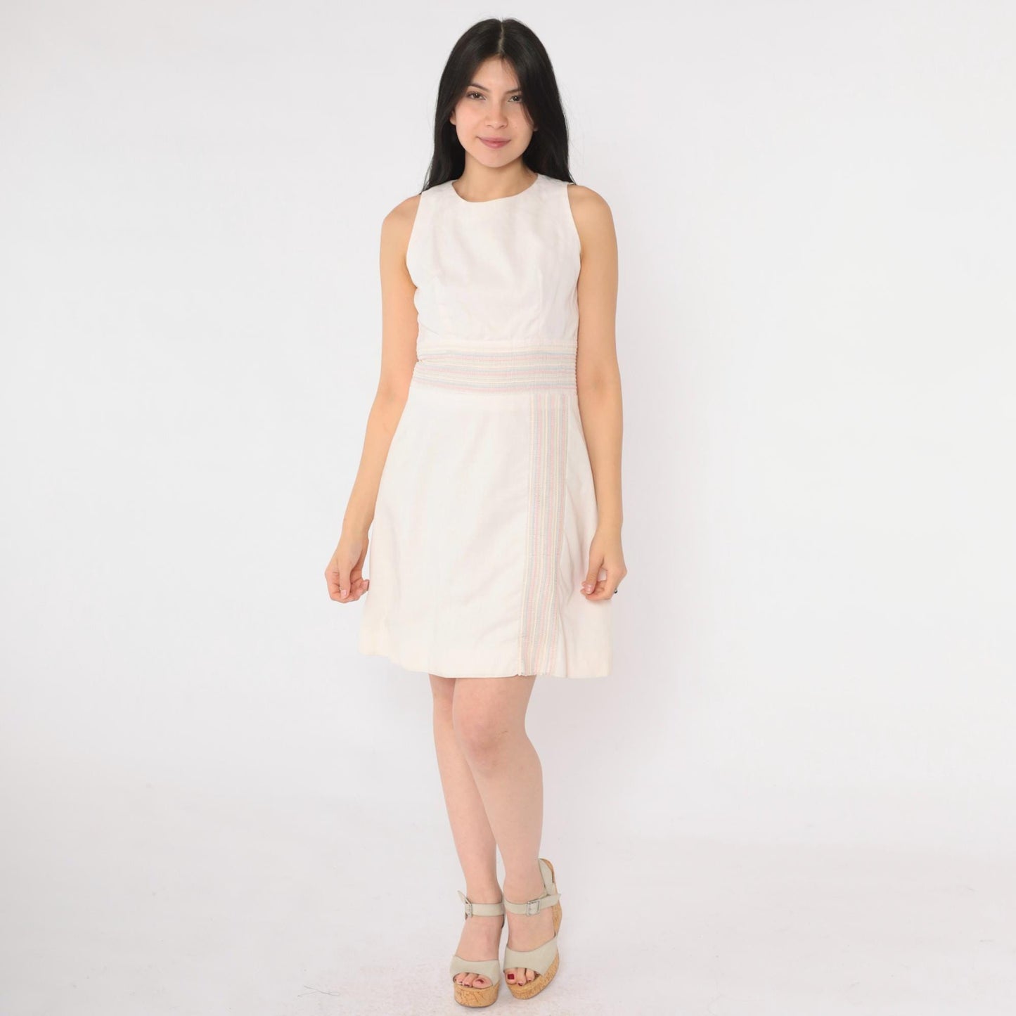 60s Mod Striped Mini Dress White Pastel High Waist Sleeveless A-Line Extra Small
