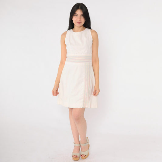 60s Mod Striped Mini Dress White Pastel High Waist Sleeveless A-Line Extra Small