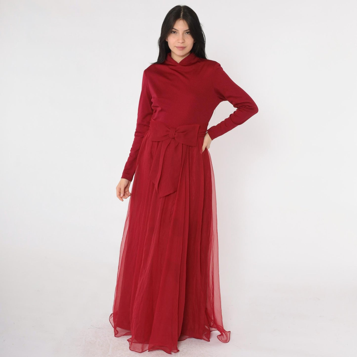 70s Burgundy Chiffon Maxi Dress Bow Waist Long Sleeve Small