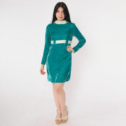 60s Teal Velvet Mini Dress Long Sleeve Empire Waist Bow Small