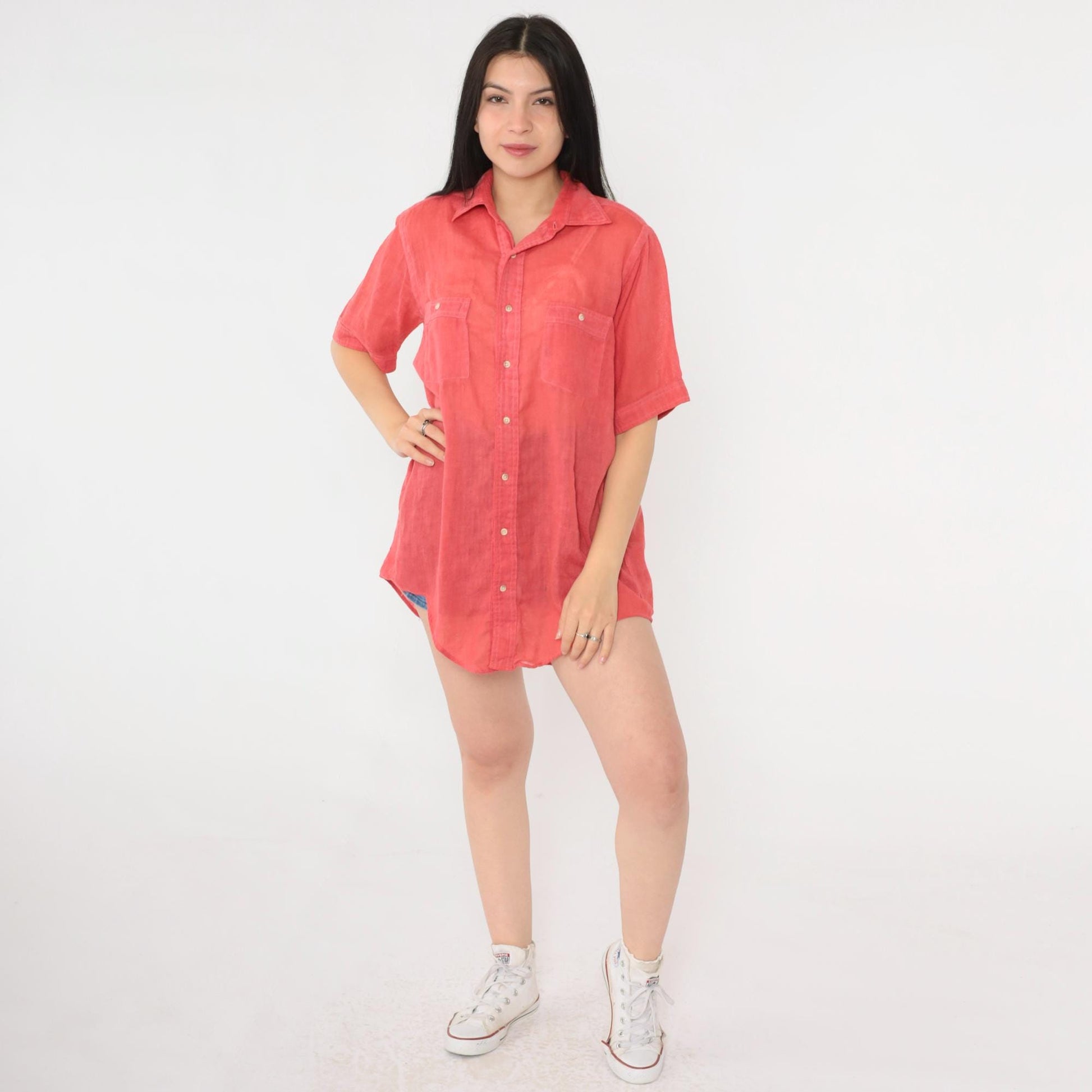 70s Langworthy's Sheer Red Button-Up Shirt Short Sleeve Men's Medium