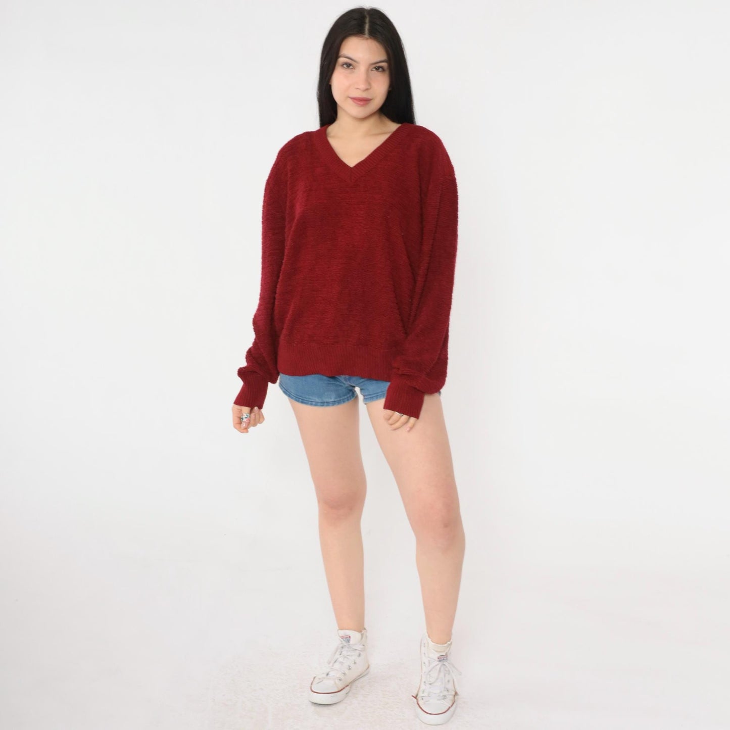 80s Jantzen Loop Knit Sweater Burgundy V-Neck Pullover Medium M