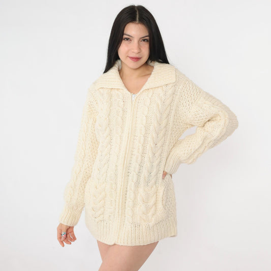 90s Cable Knit Zip Cardigan Cream Wool Sweater Medium M