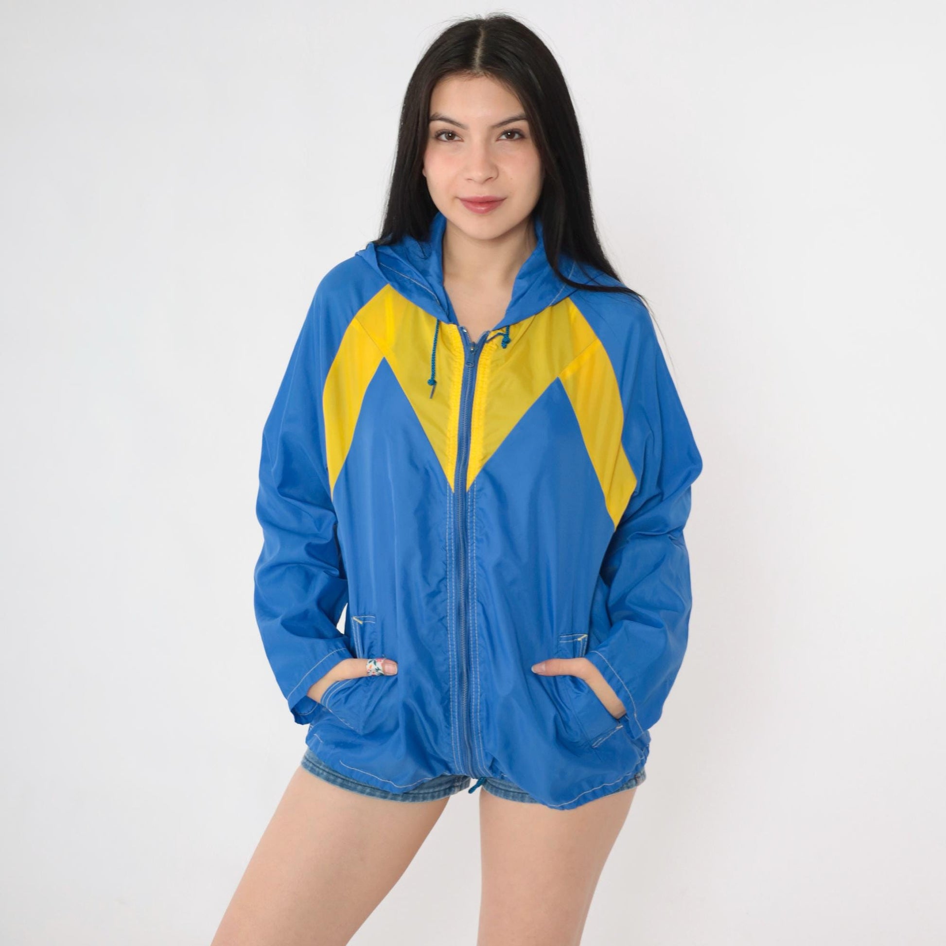 80s Blue Yellow Color Block Windbreaker Hooded Zip Jacket Medium