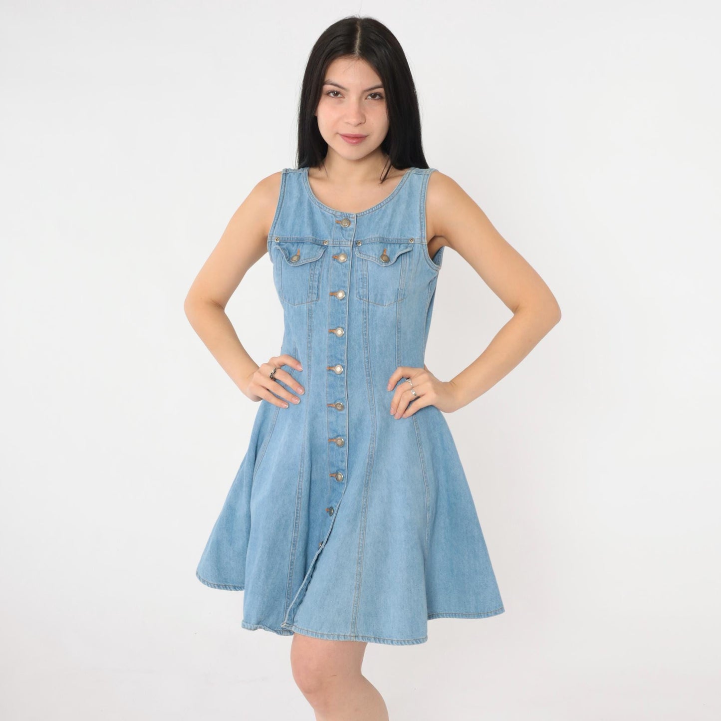 90s County Seat Denim Mini Dress Blue Button-Up Sleeveless Small S
