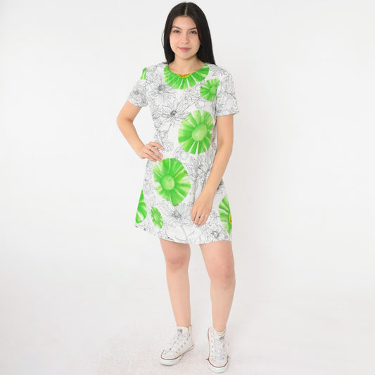 90s White Floral Mini Dress Green Black Graphic Short Sleeve Shift Small S