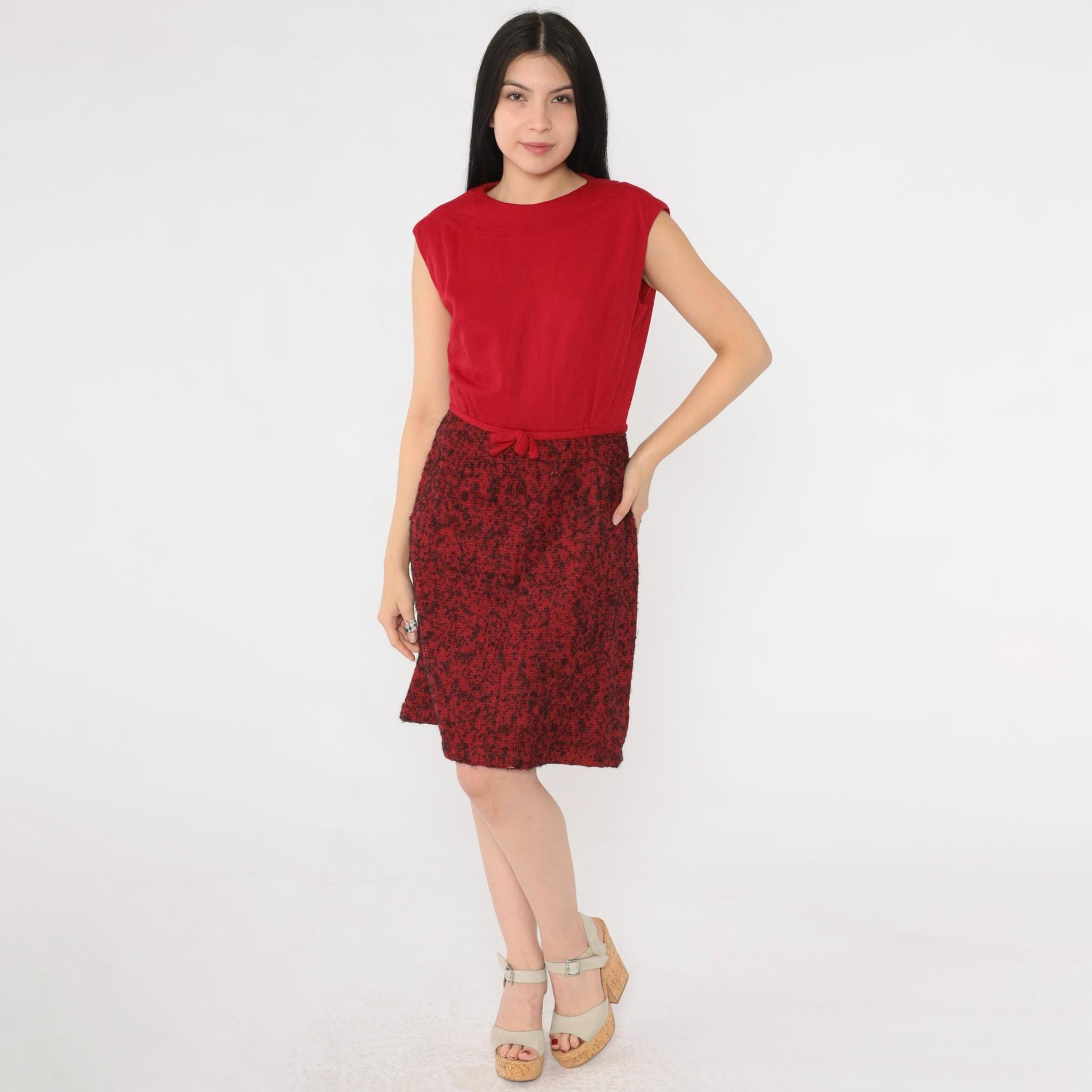 60s Peck & Peck Wool Mini Dress Red Abstract Print Bow Detail Small