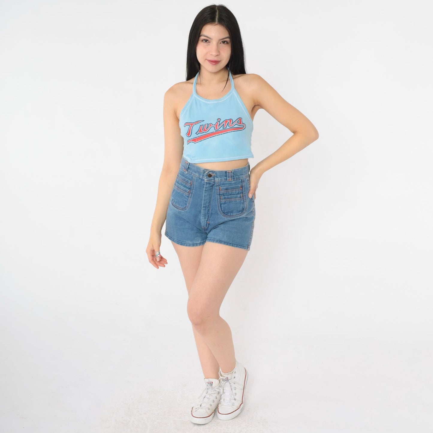 80s Twins Baseball Halter Crop Top Baby Blue Backless Medium M