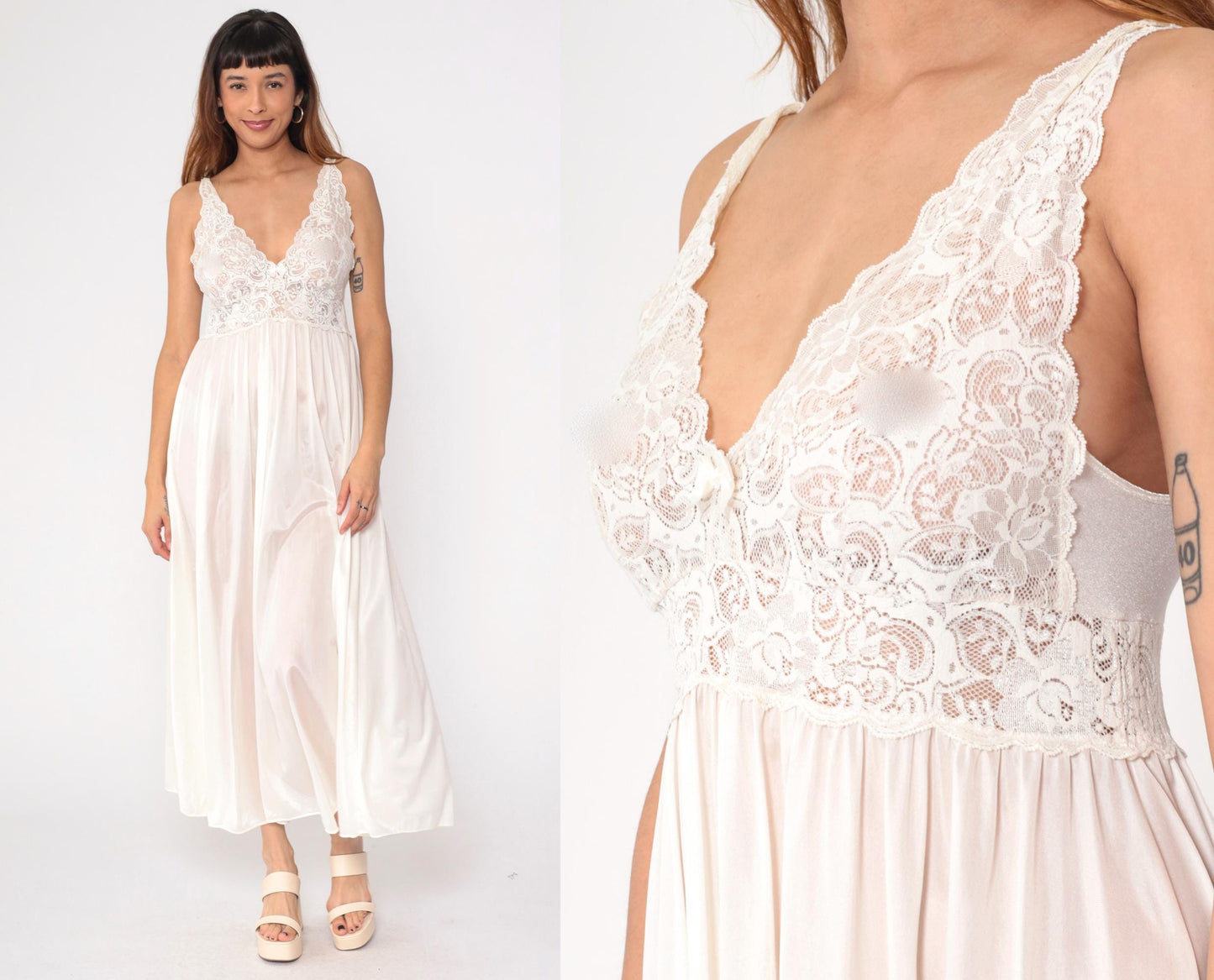 80s Shadowline White Lace Maxi Nightgown Sheer V-Neck Sleeveless Small