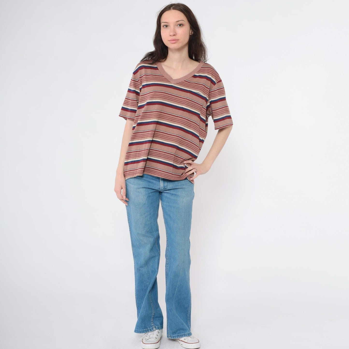80s Striped V-Neck Tee Brown Red Navy Pocket T-Shirt Large L