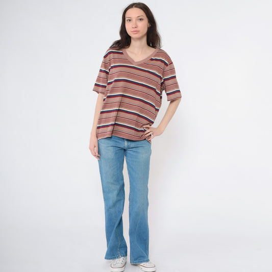 80s Striped V-Neck Tee Brown Red Navy Pocket T-Shirt Large L