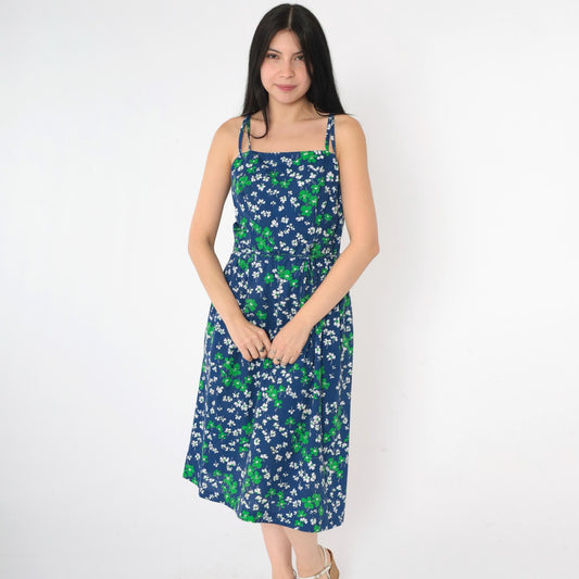 70s Blue Floral Midi Sundress Smocked High Waist Spaghetti Straps Medium