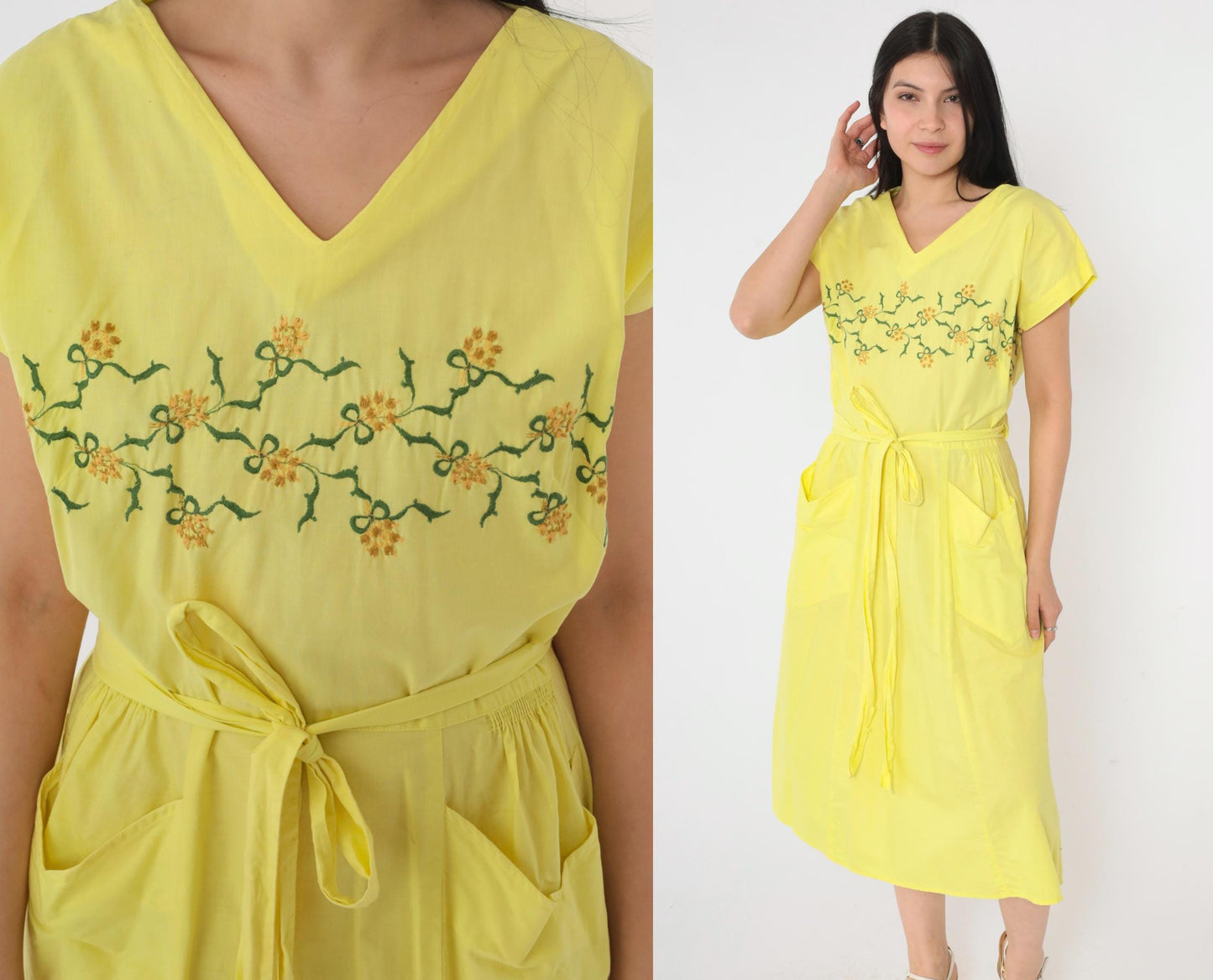 60s Yellow Floral Wrap Dress Embroidered V-Neck Midi Front Pockets Medium Large